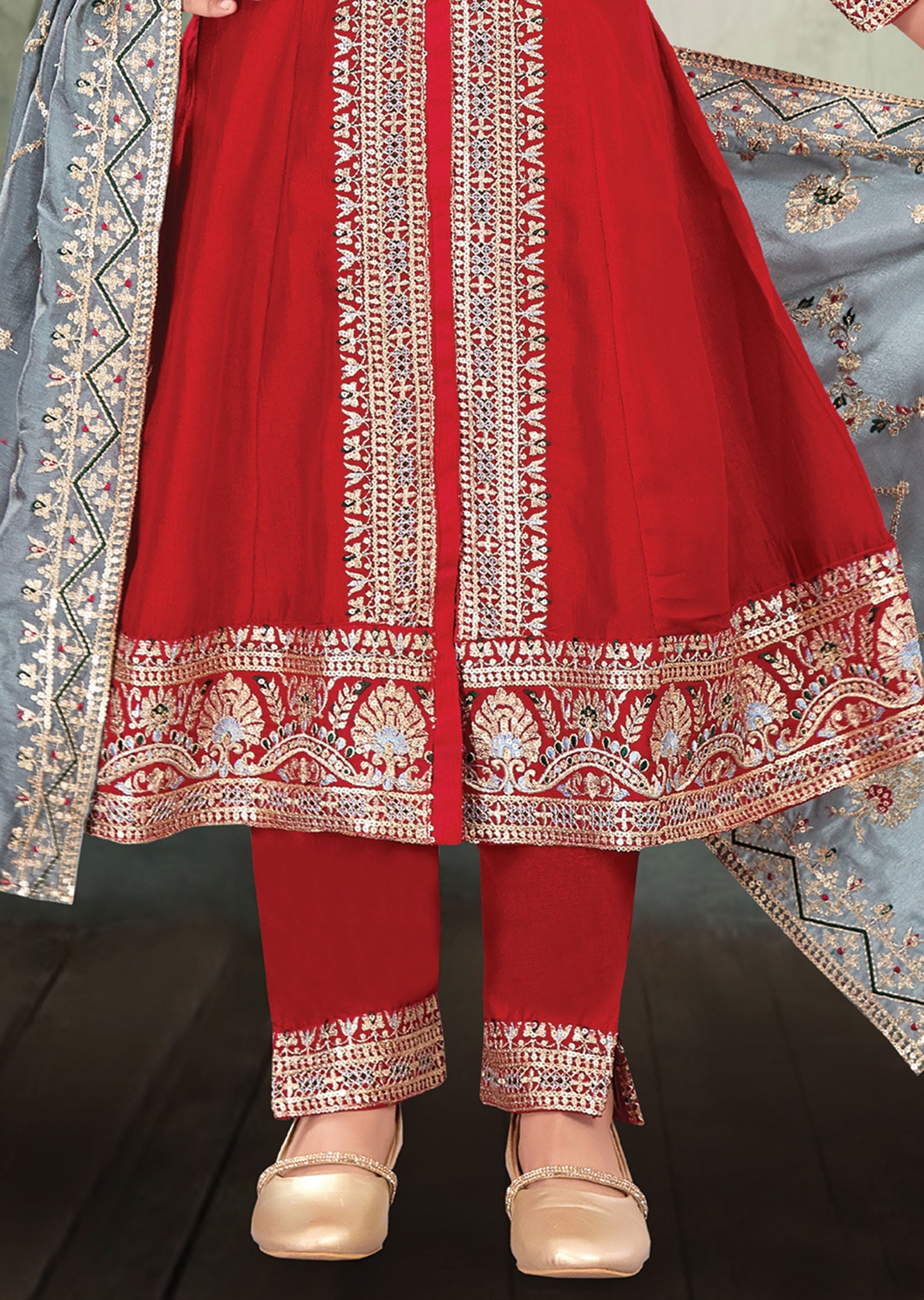 Red Silk Anarkali Suit for Kids