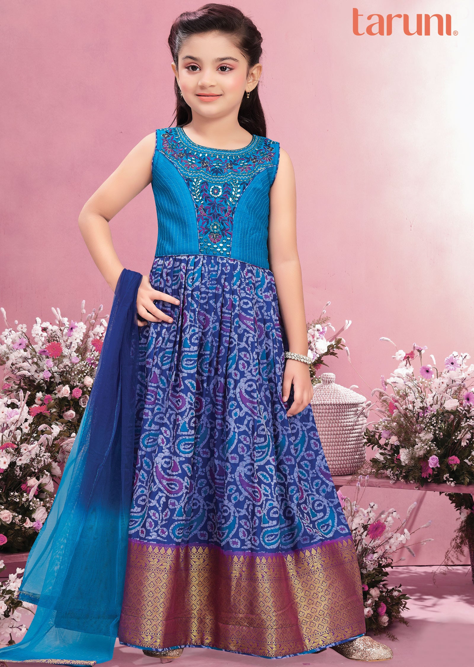 Navy Blue Silk Kids Anarkali