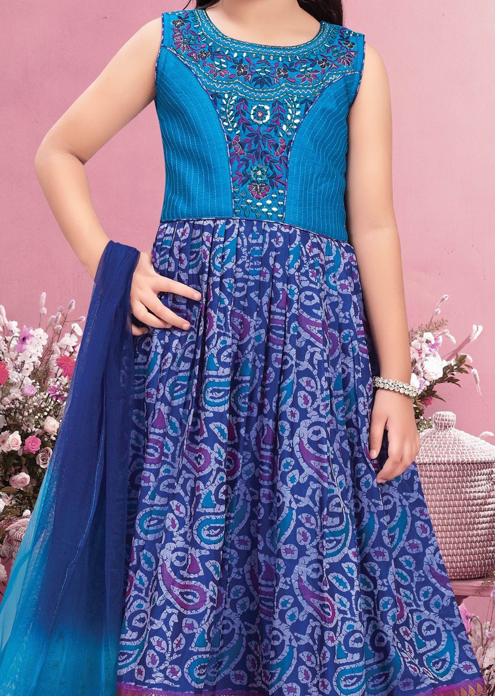 Navy Blue Silk Kids Anarkali