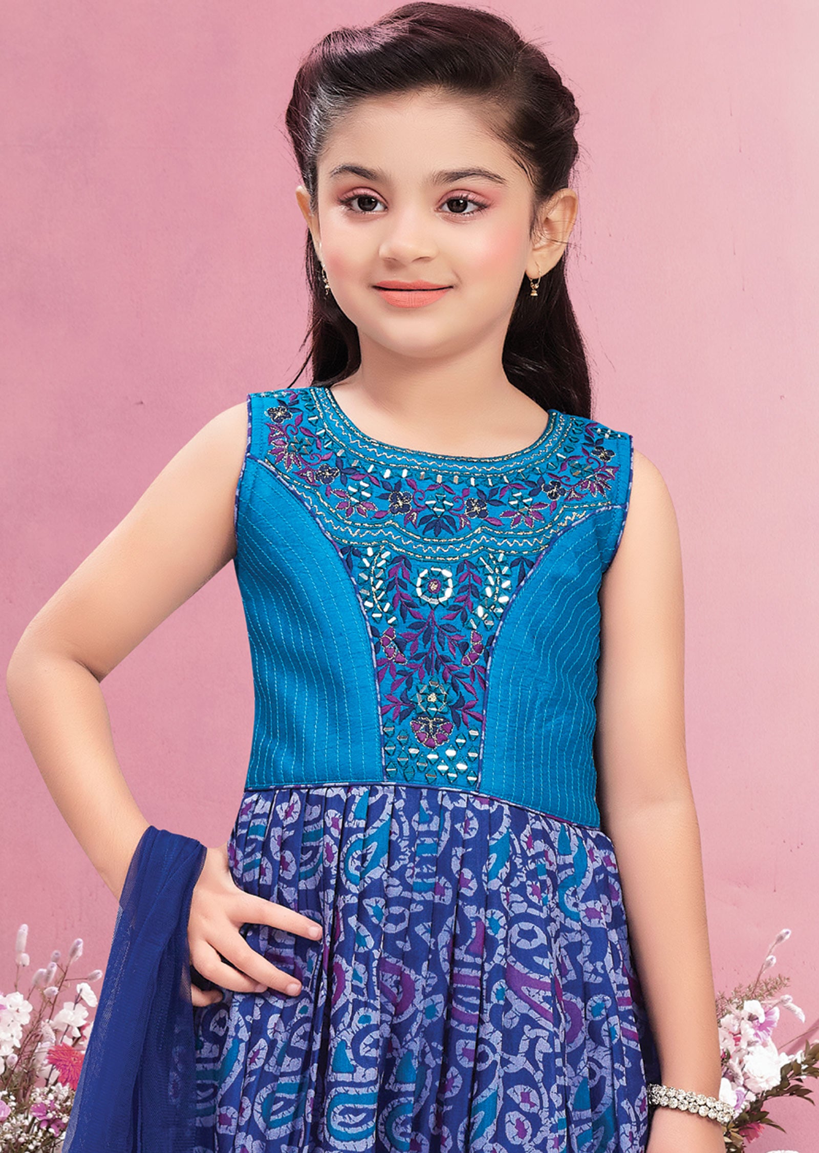 Navy Blue Silk Kids Anarkali