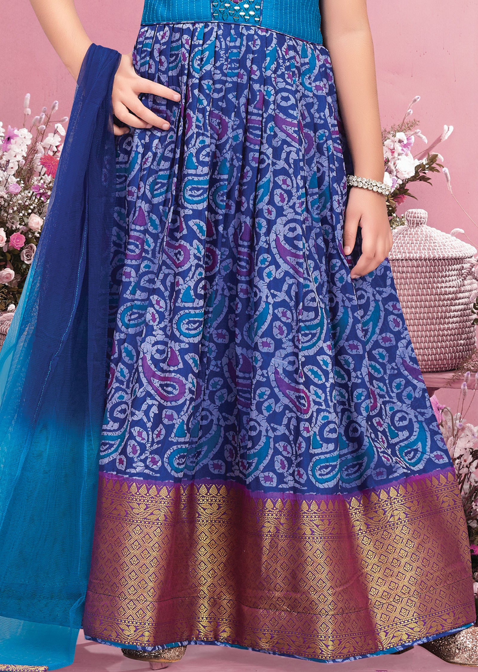 Navy Blue Silk Kids Anarkali