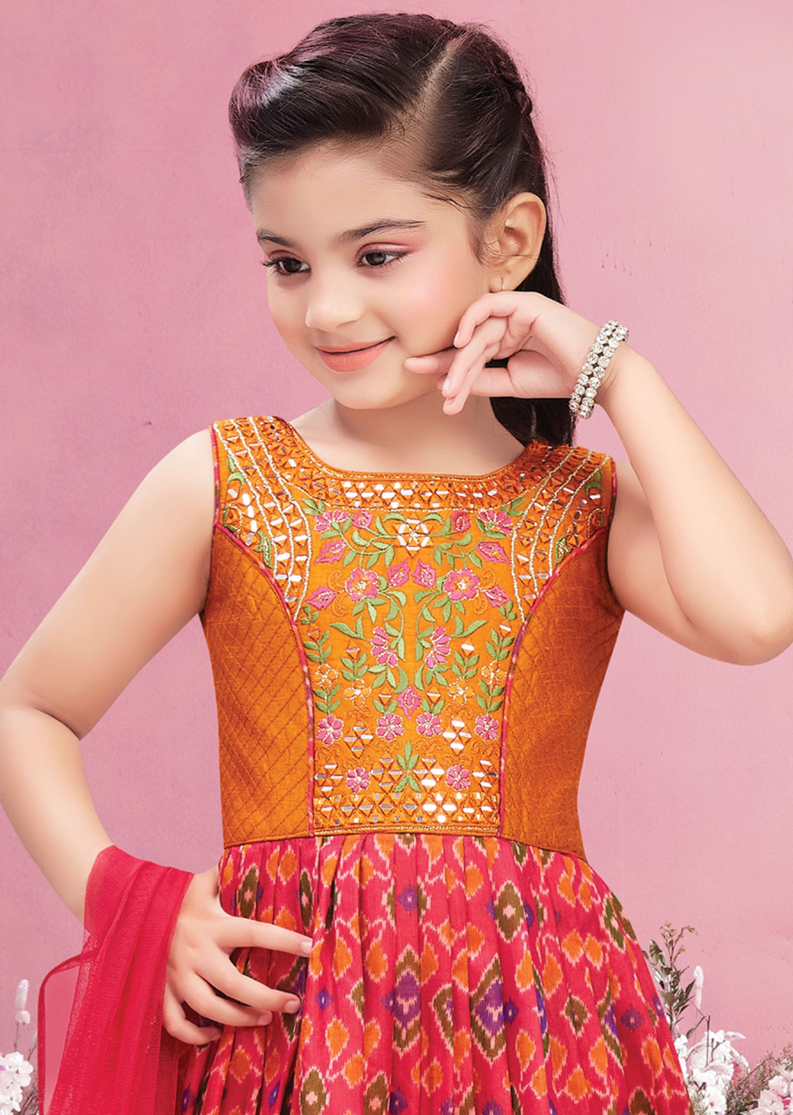 Orange & Rani Pink Silk Kids Anarkali