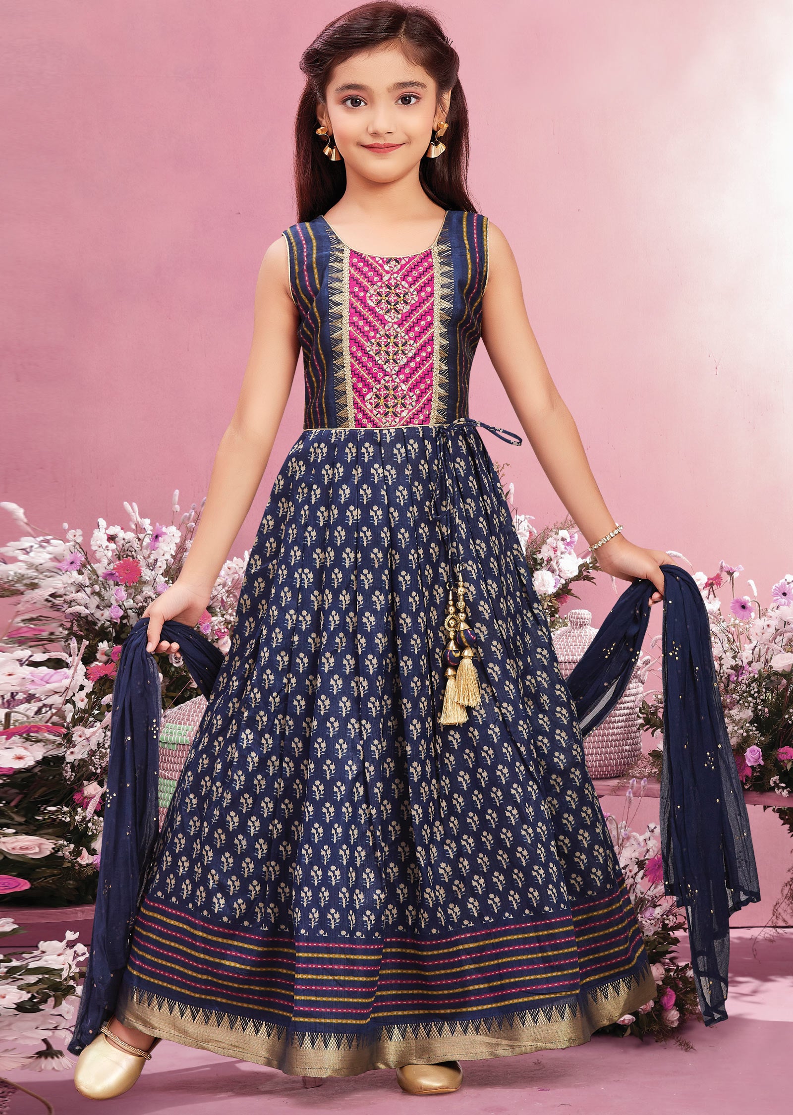 Navy Blue Silk Kids Anarkali