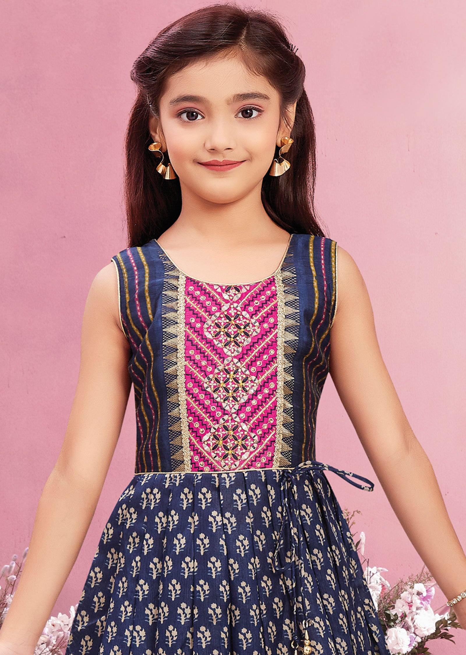 Navy Blue Silk Kids Anarkali