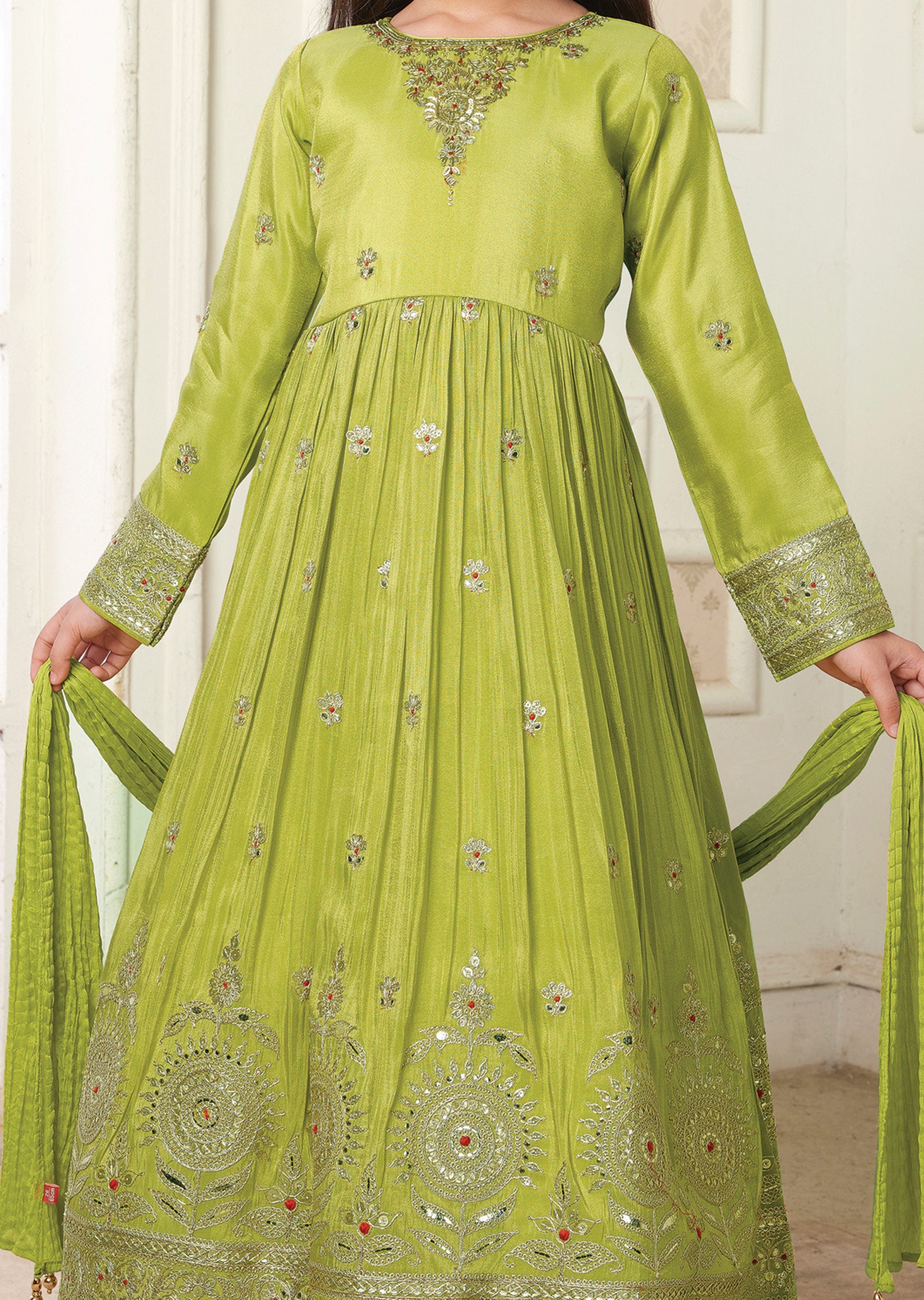 Mehendi Green Tissue Silk Kids Anarkali