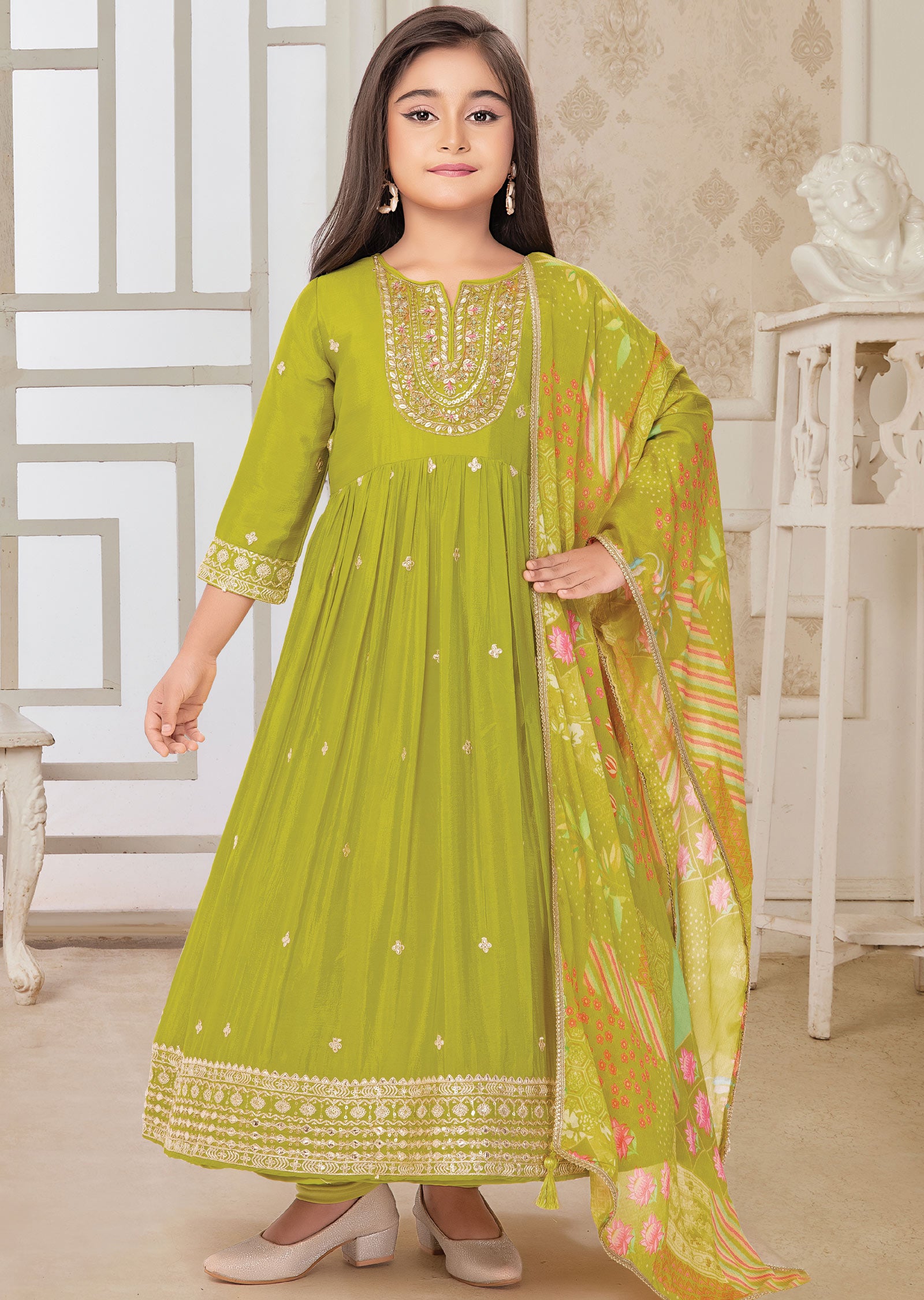 Lime Green Chinnon Kids Anarkali