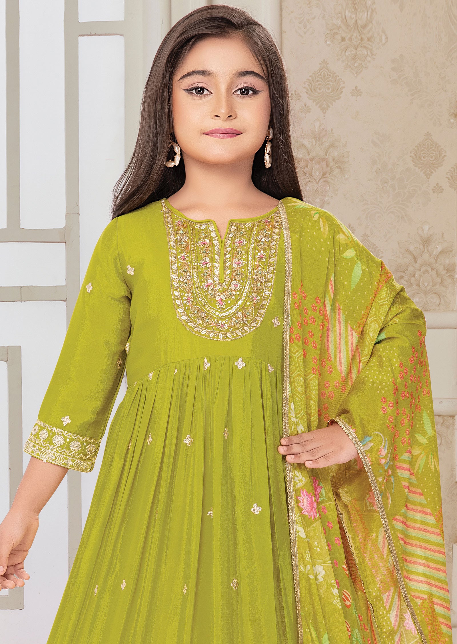 Lime Green Chinnon Kids Anarkali