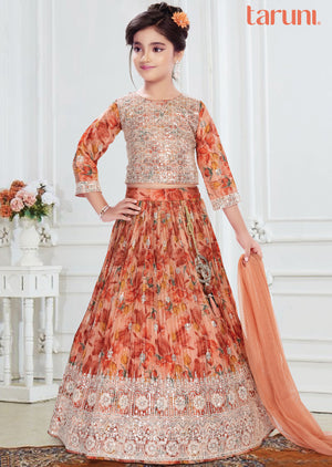 Light Orange Chinnon Kids Lehengas