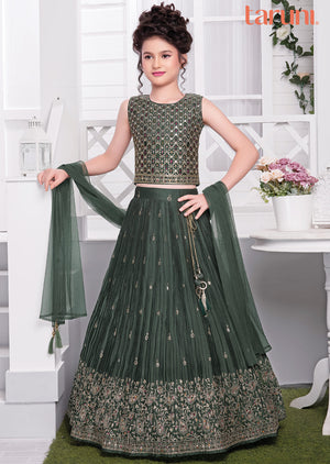 Dark Green and Gold Chiffon Silk Lehenga for Kids