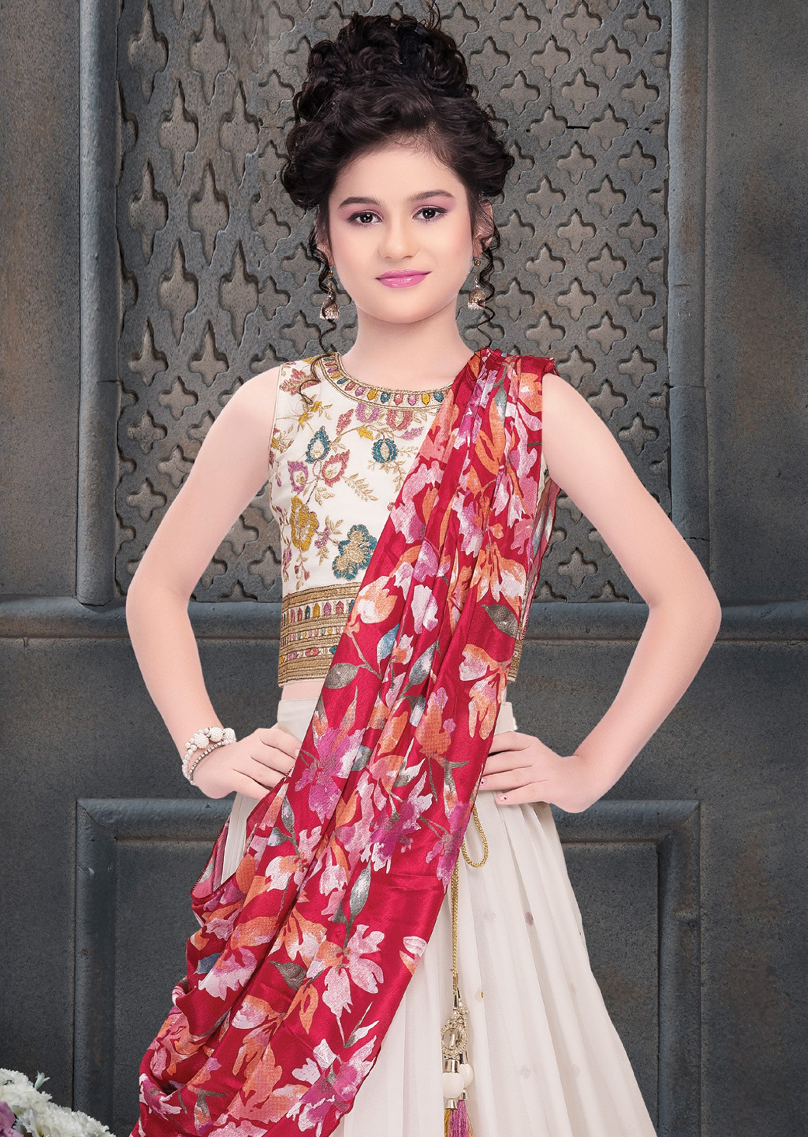 Off White Georgette Contrast Lehenga for Kids