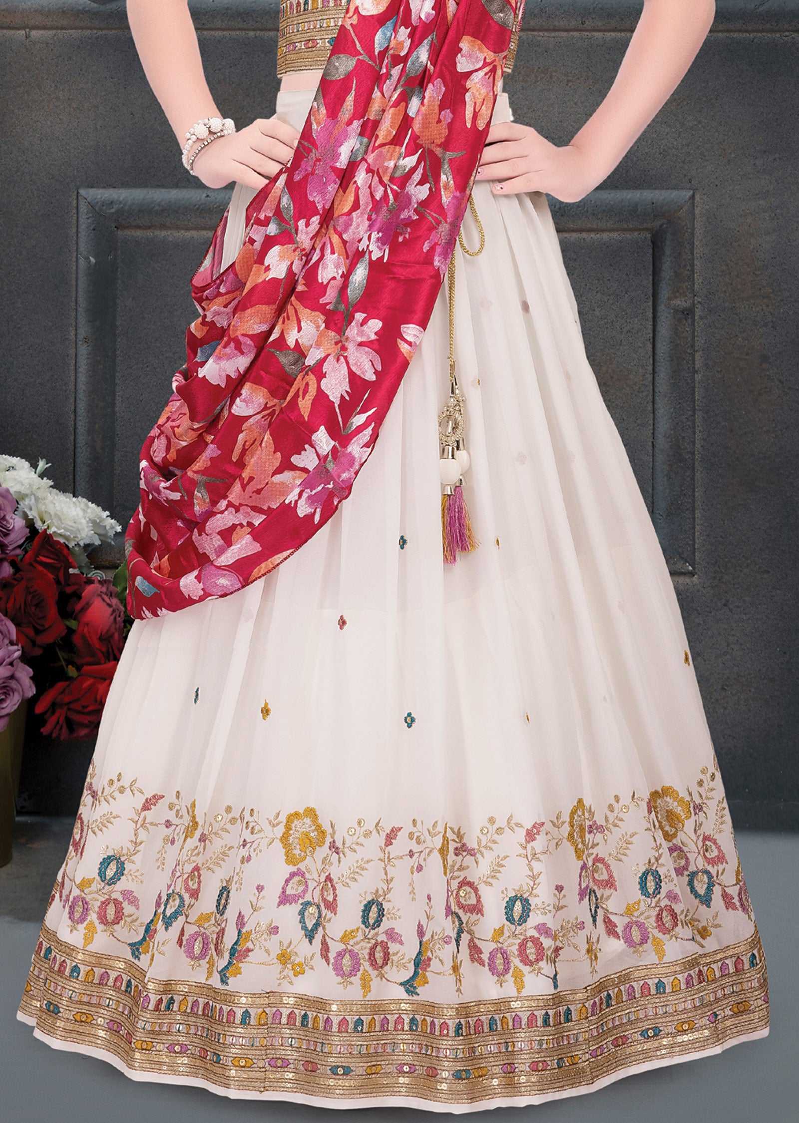 Off White Georgette Contrast Lehenga for Kids