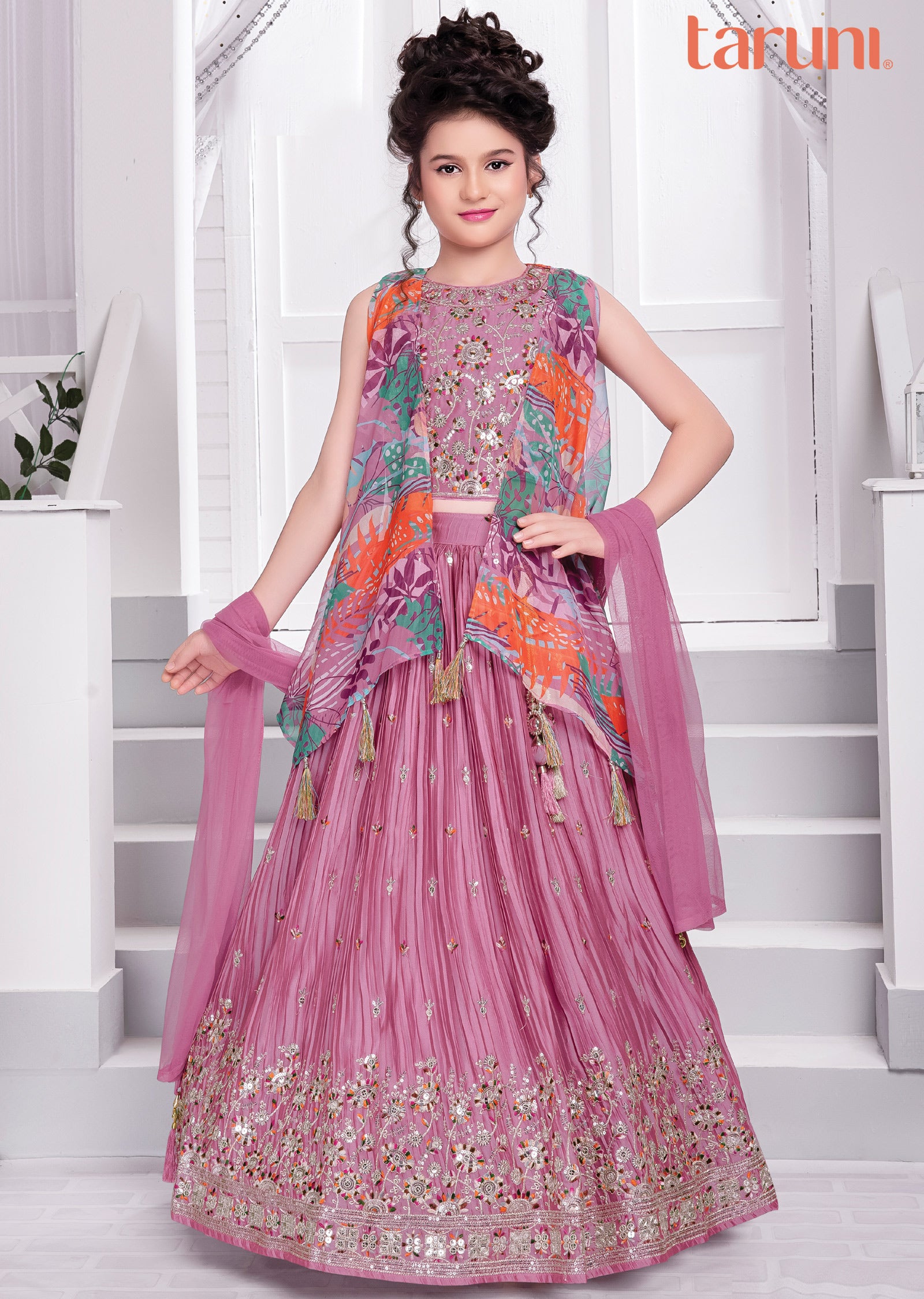 Pink Chiffon Silk Lehenga for Kids with Organza Jacket