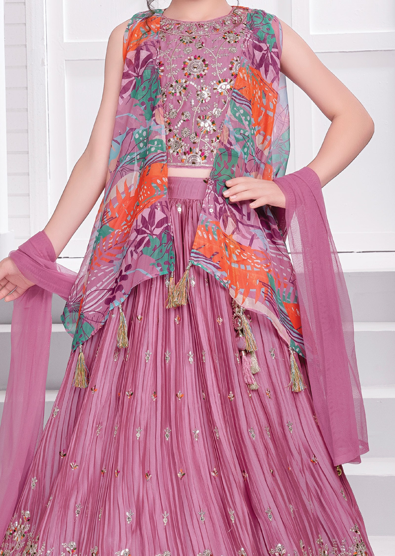 Pink Chiffon Silk Lehenga for Kids with Organza Jacket