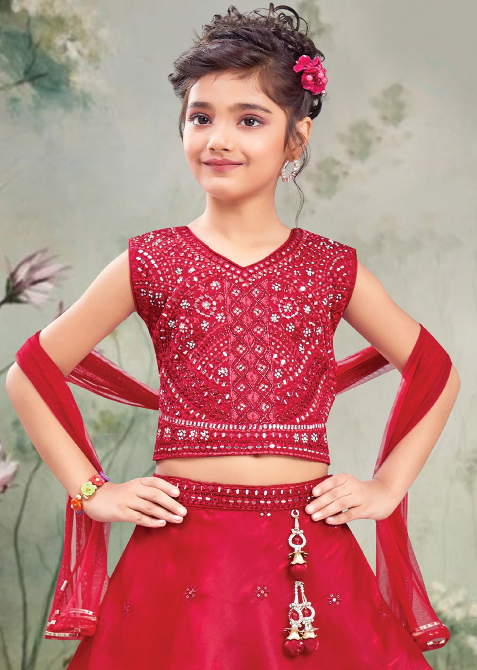 Red Organza Kids Lehengas