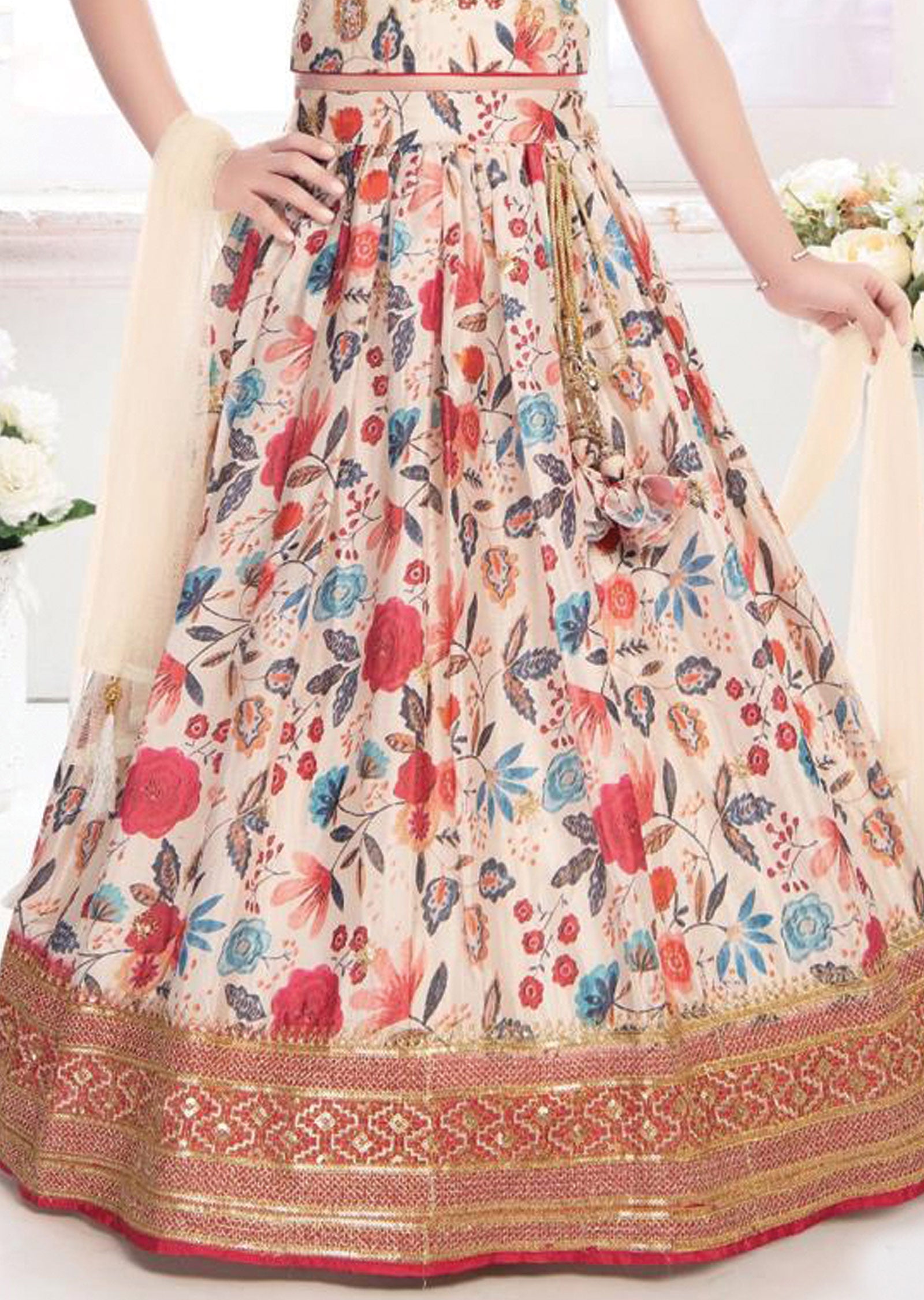 Beige Chinnon Kids Lehengas