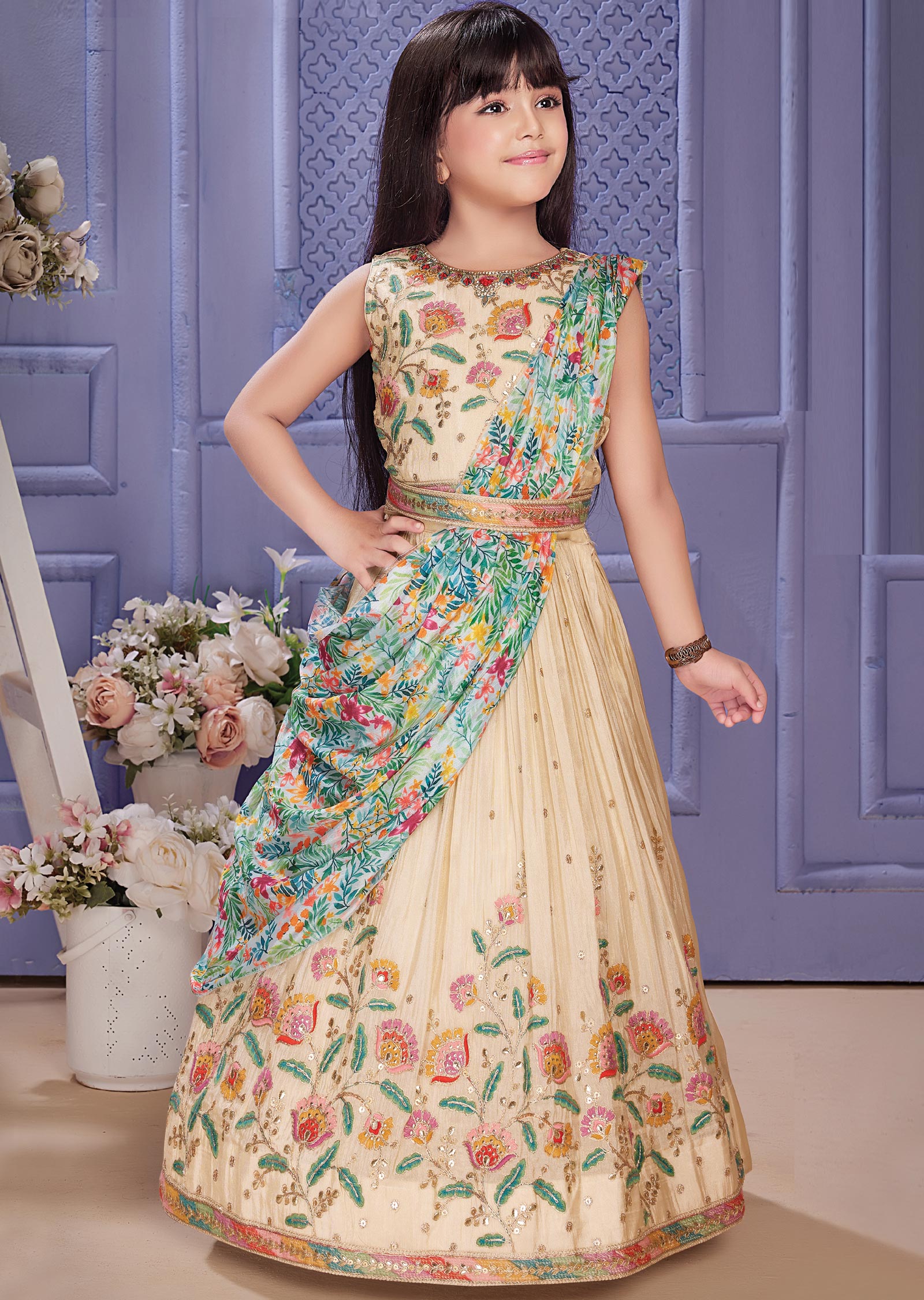 Beige Tissue Silk Kids Lehengas