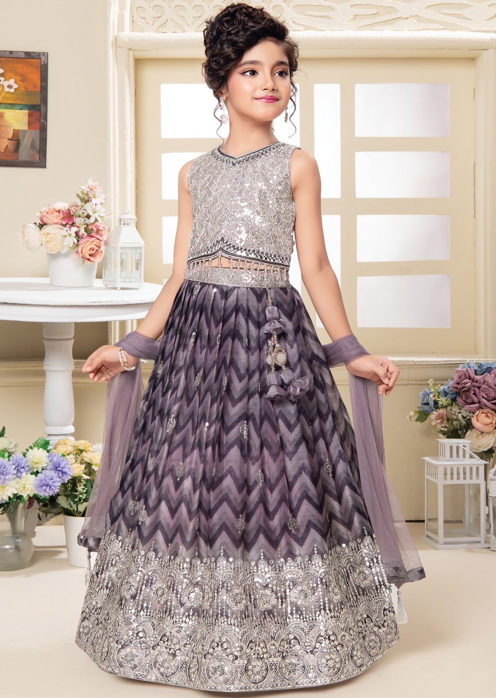 Lavender Tissue Silk Kids Lehengas