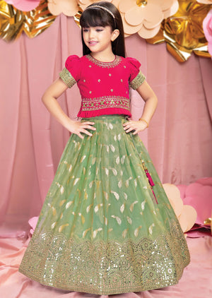 Rani Pink & Green Silk Kids Lehengas