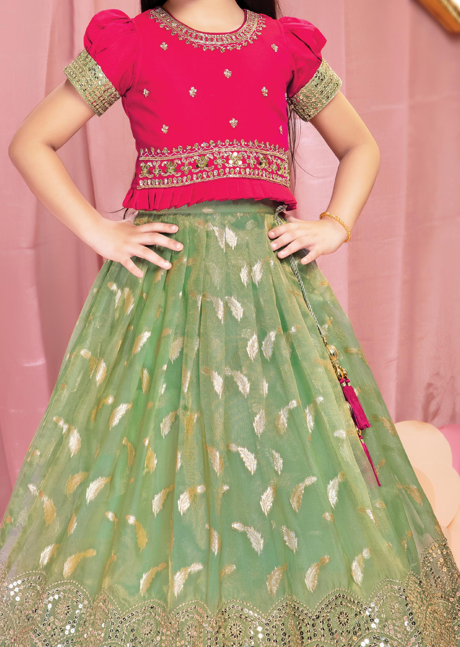 Rani Pink & Green Silk Kids Lehengas