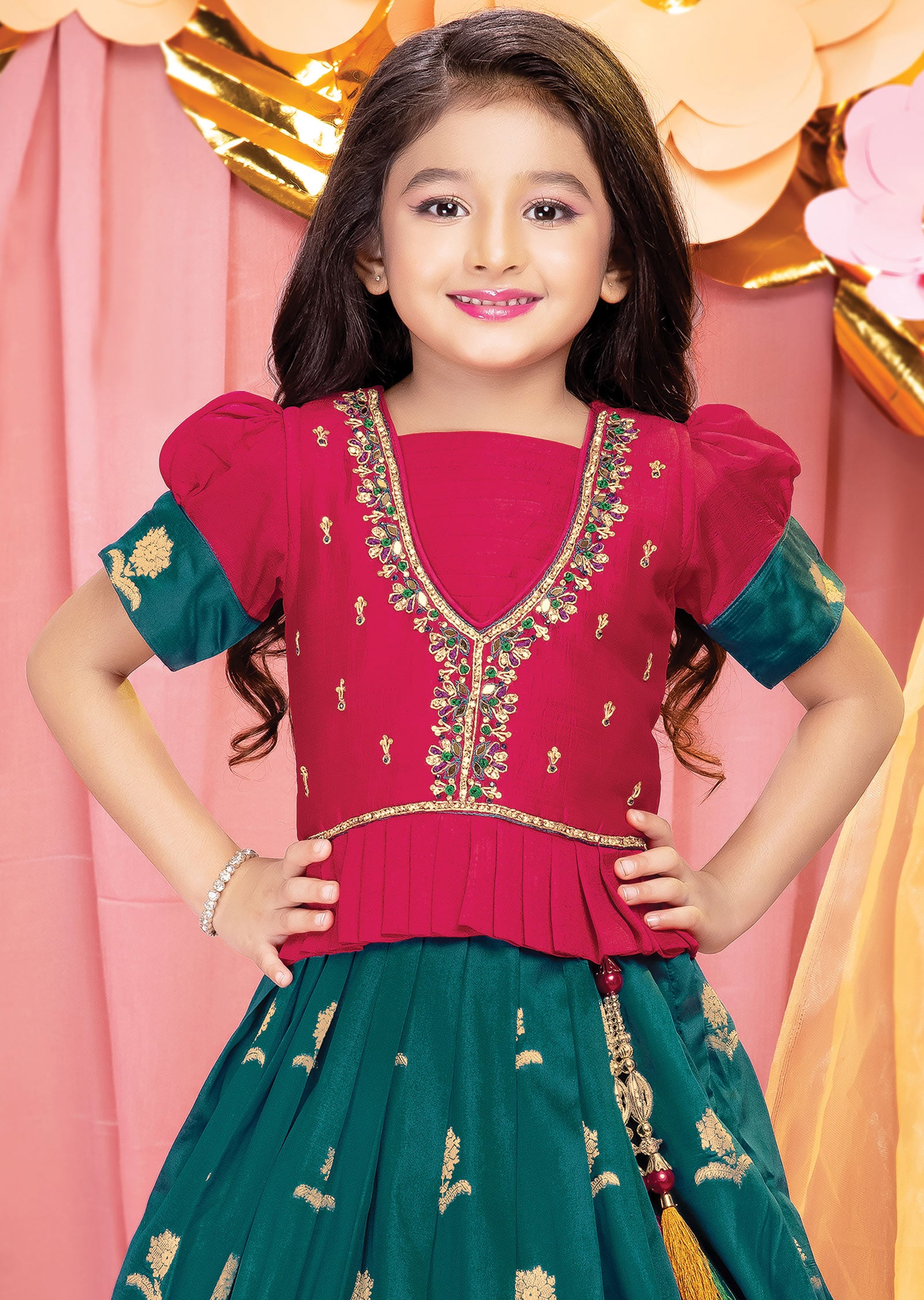 Red & Rama Blue Silk Kids Lehengas