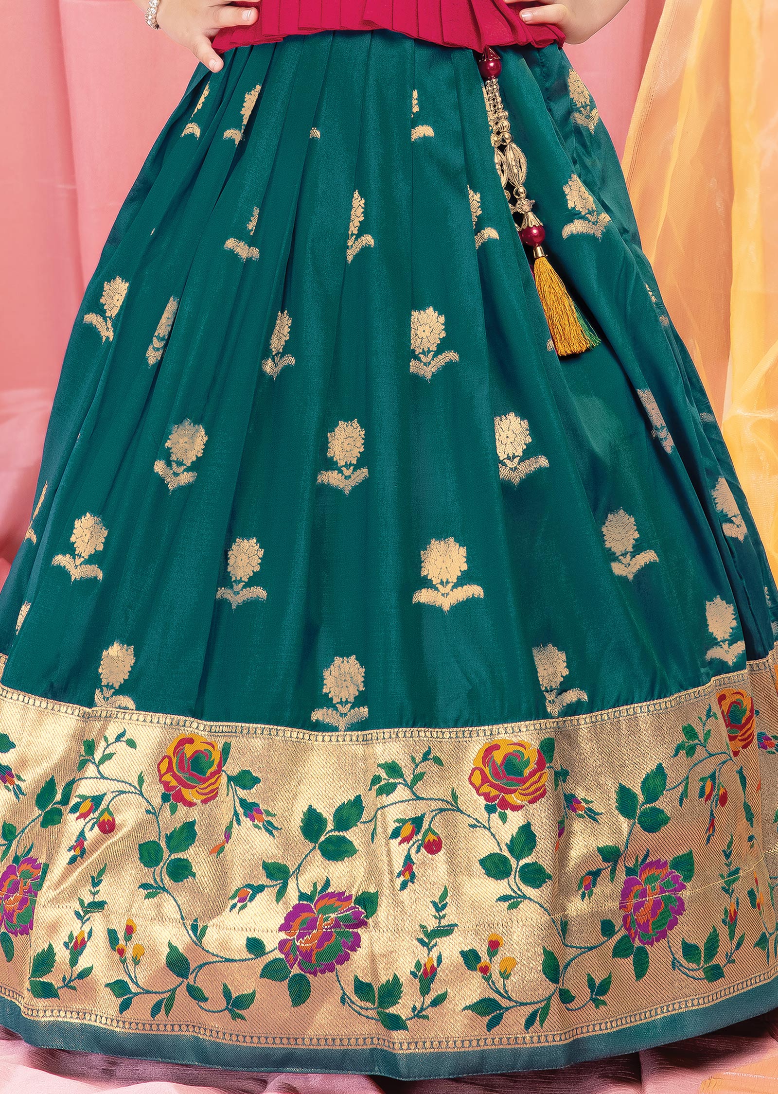 Red & Rama Blue Silk Kids Lehengas