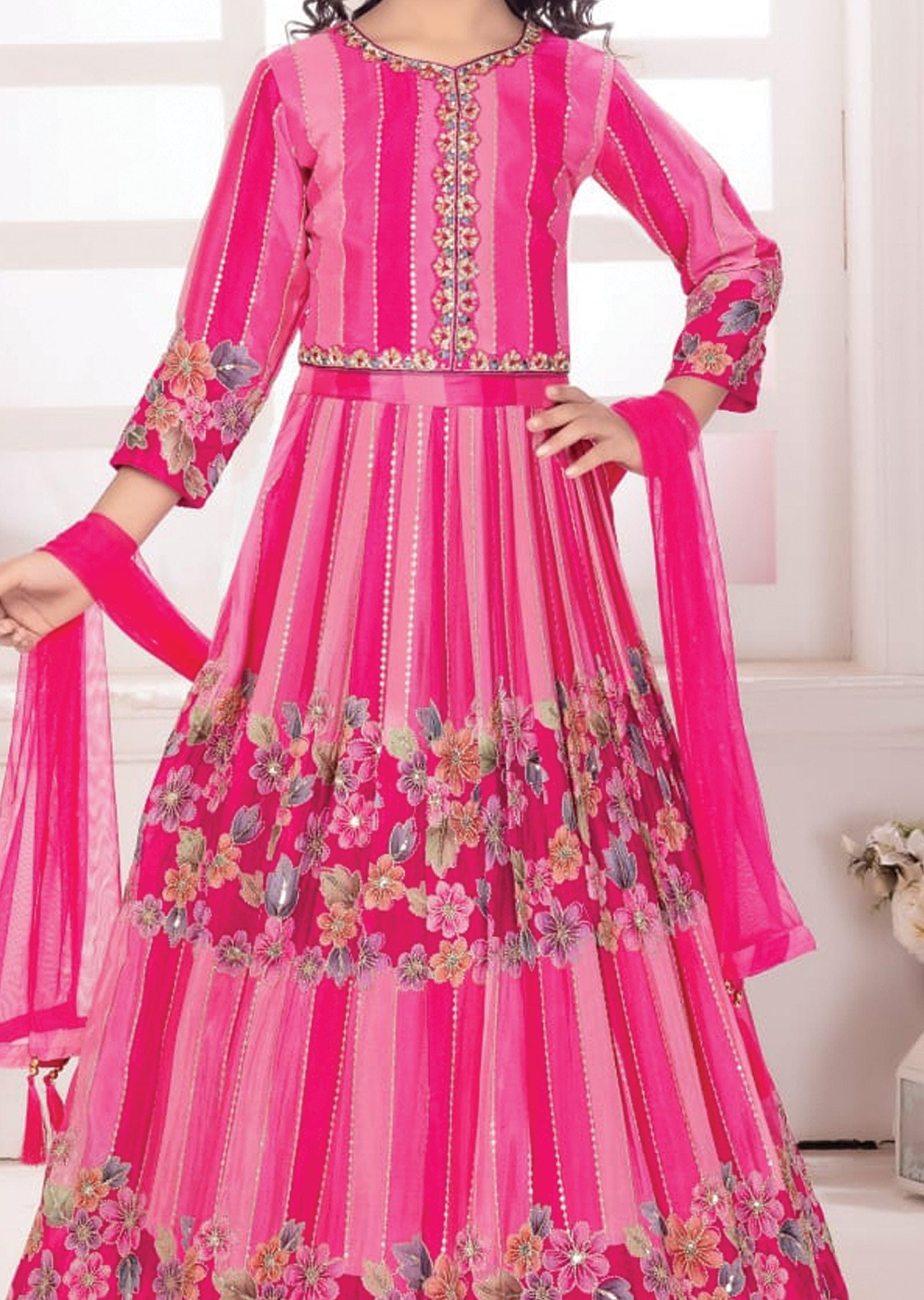 Pink Chinnon Kids Lehenga