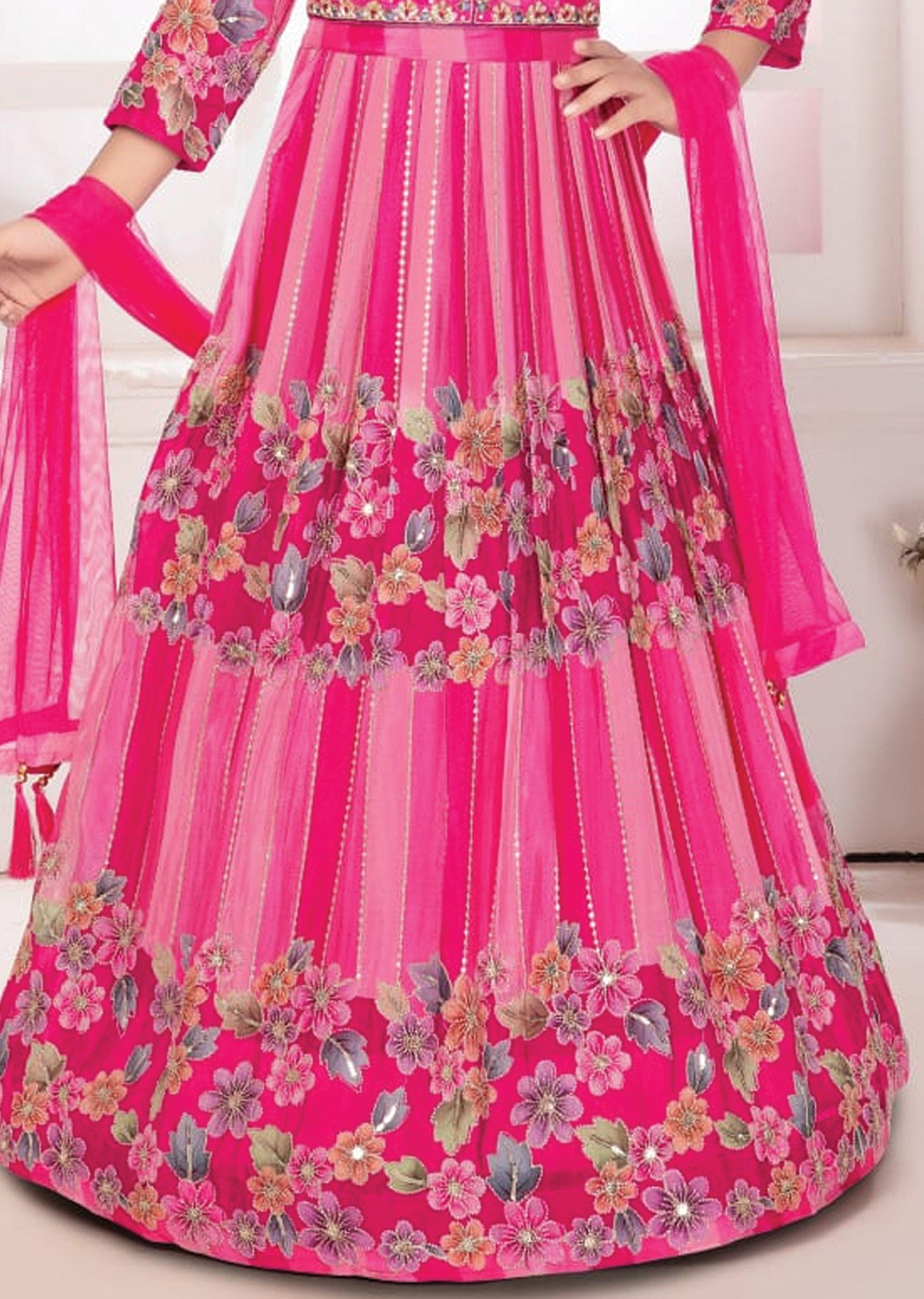 Pink Chinnon Kids Lehenga