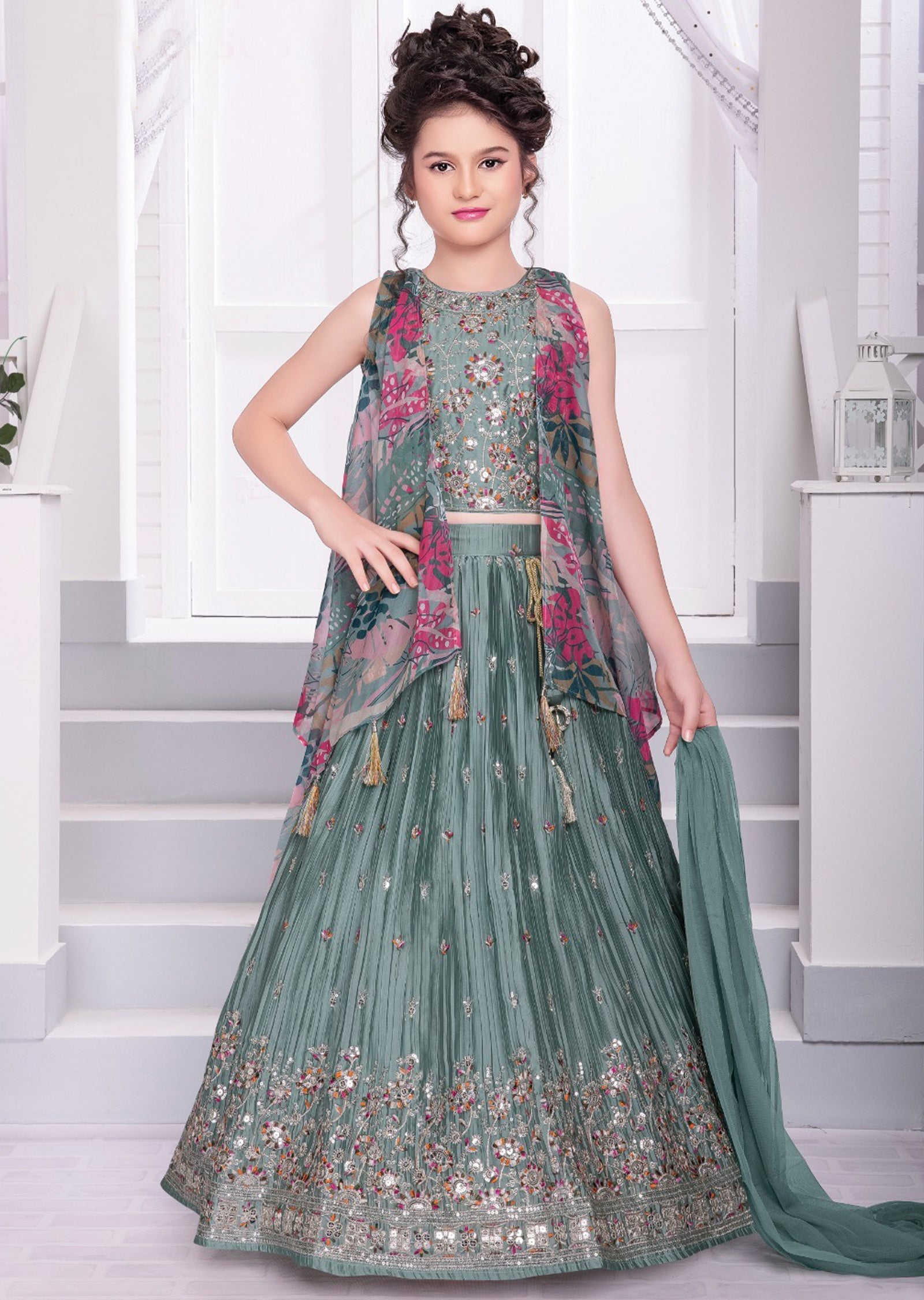 Dusty Green Chiffon Silk Kids Lehenga