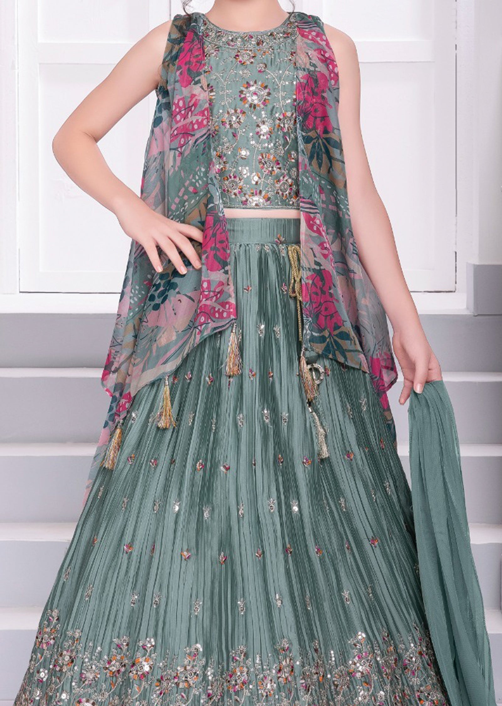 Dusty Green Chiffon Silk Kids Lehenga