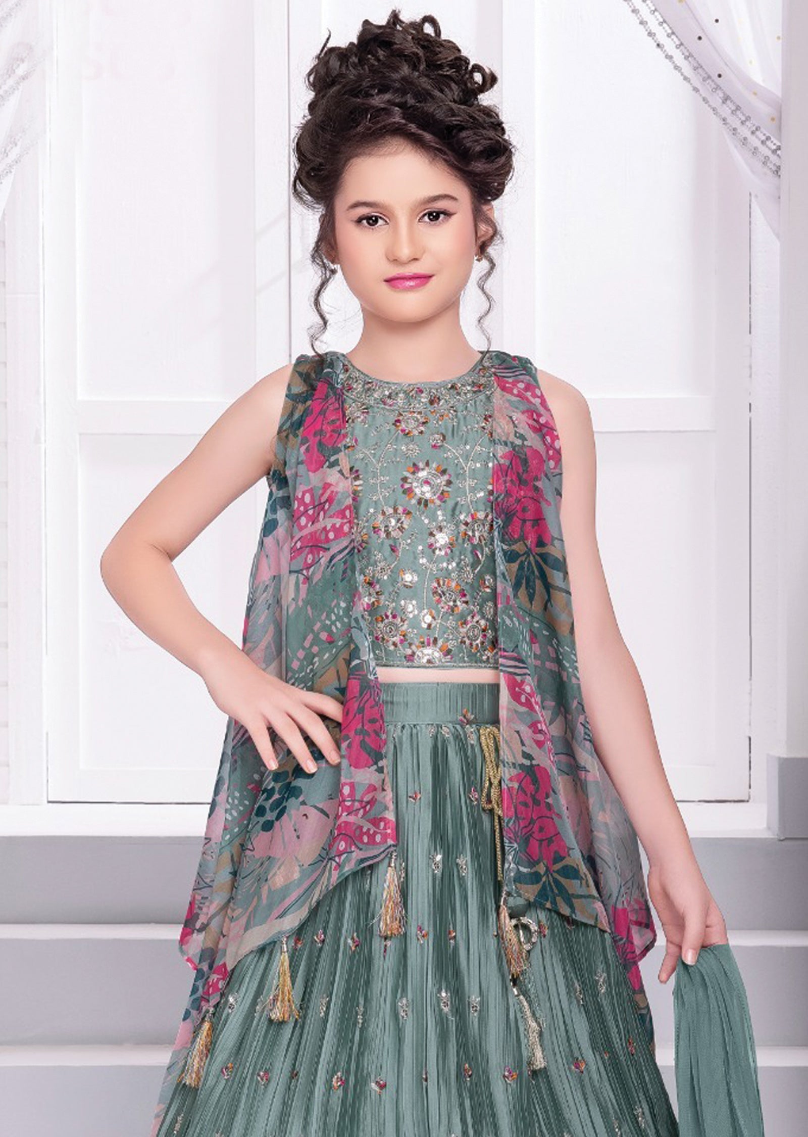 Dusty Green Chiffon Silk Kids Lehenga