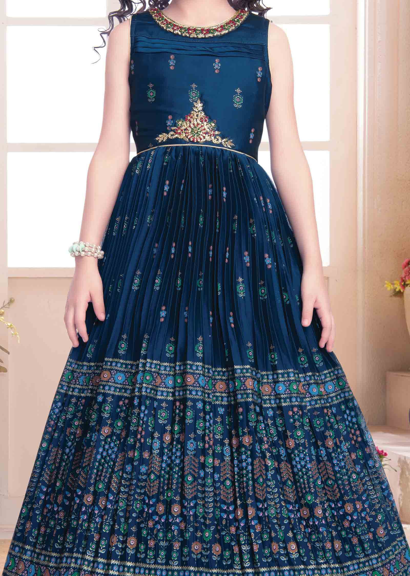 Teal Blue Chiffon Zardosi & Embroidered Kids Gown