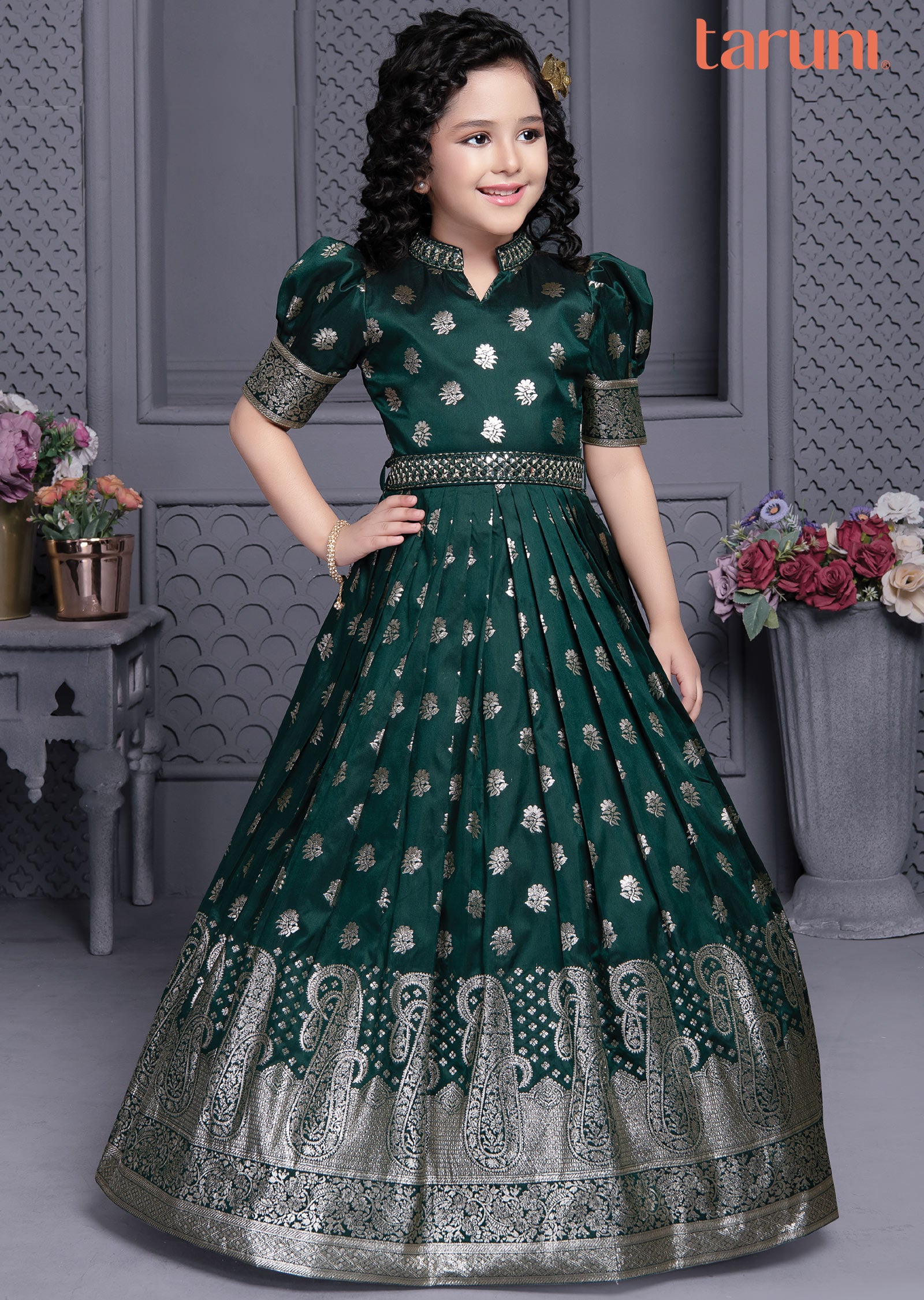 Green Banaras Silk Kids Gown