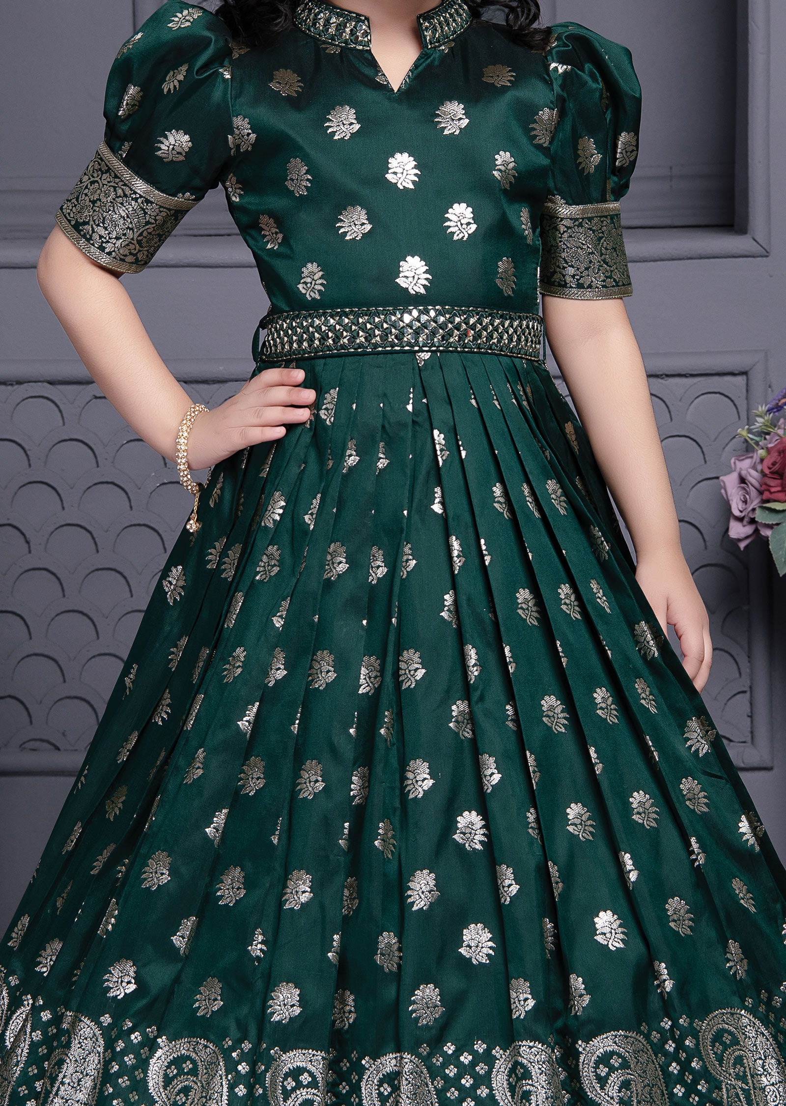 Green Banaras Silk Kids Gown