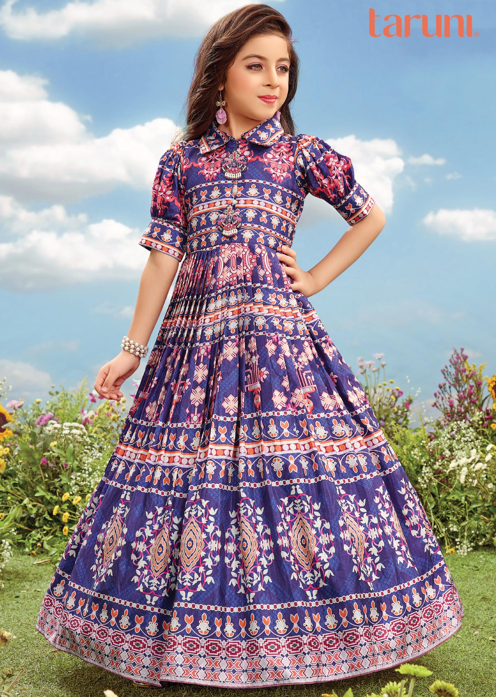 Patterened Navy Blue Silk Gown for Kids