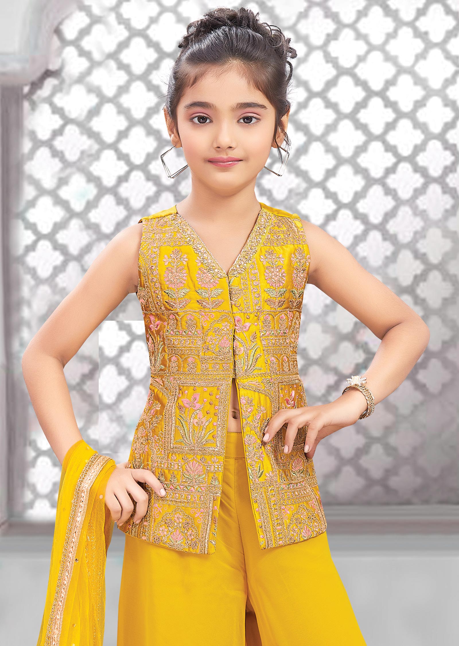 Yellow Silk & Georgette Kids Palazzo Set