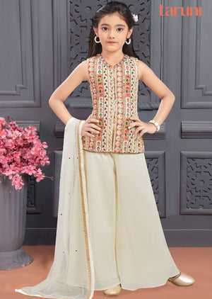 Cream Georgette Embroidered Kids Shararas Ghararas