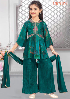 Pickock Green Chinnon Embroidered Kids Shararas Ghararas