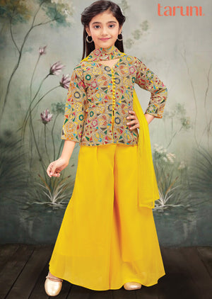 Yellow Georgette Sharara for Kids with Multicolour Blouse