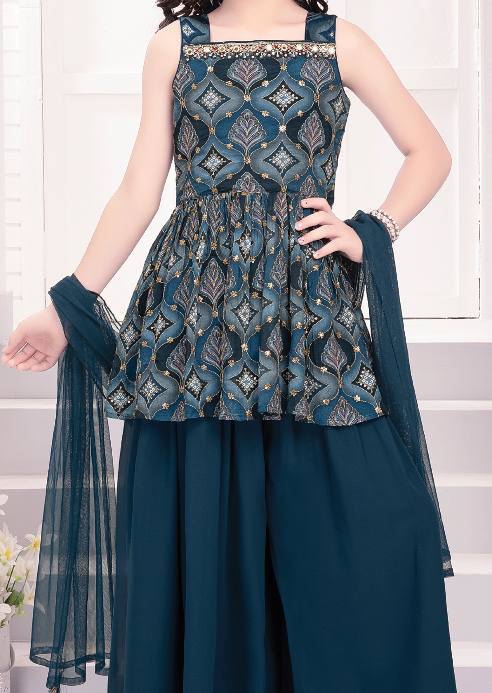 Sharara With Frock Teal Blue Chinnon Georgette Sharara Dress For Kids