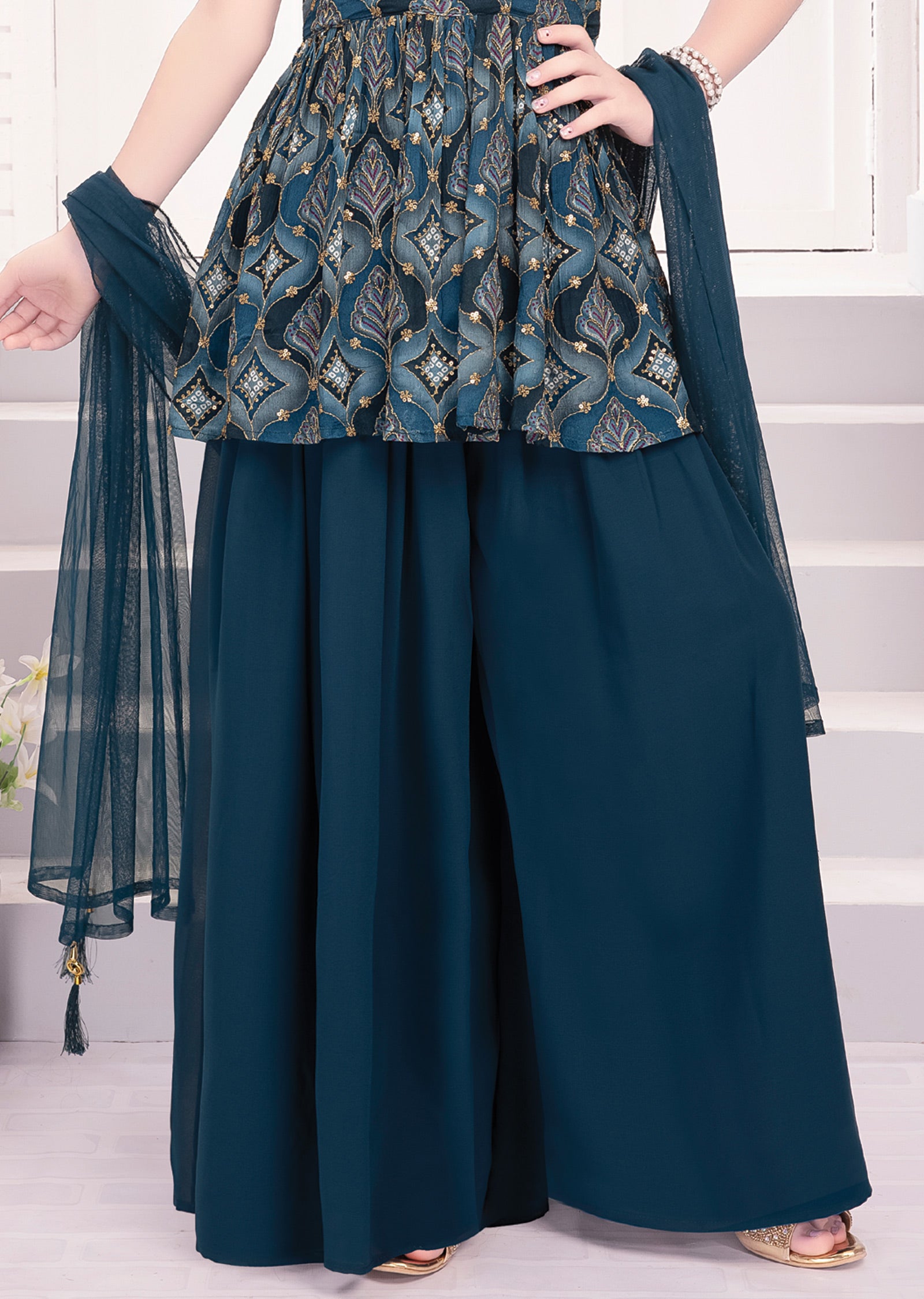 Teal Blue Chinnon & Georgette Sharara Dress for Kids