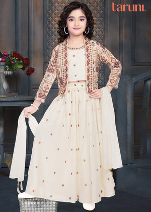 Off White Georgette Sharara Set for Kids with Jacket