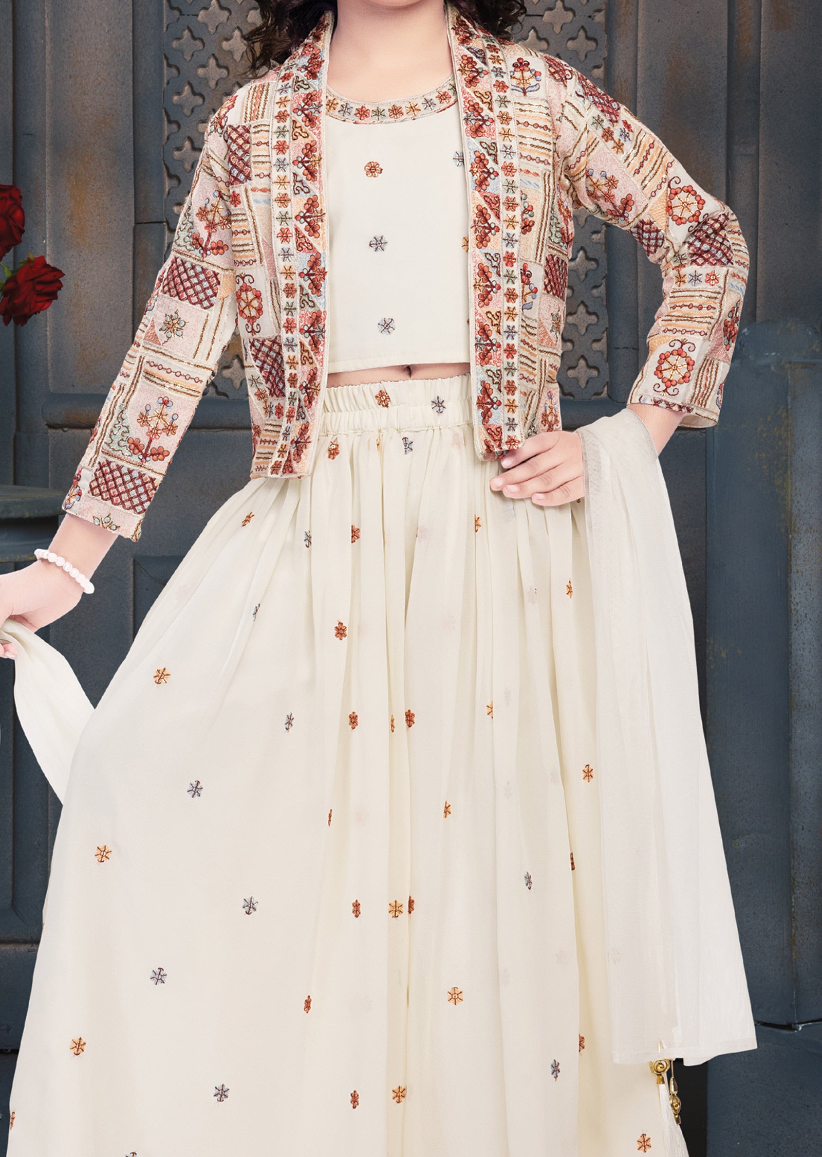 Off White Georgette Sharara Set for Kids with Jacket