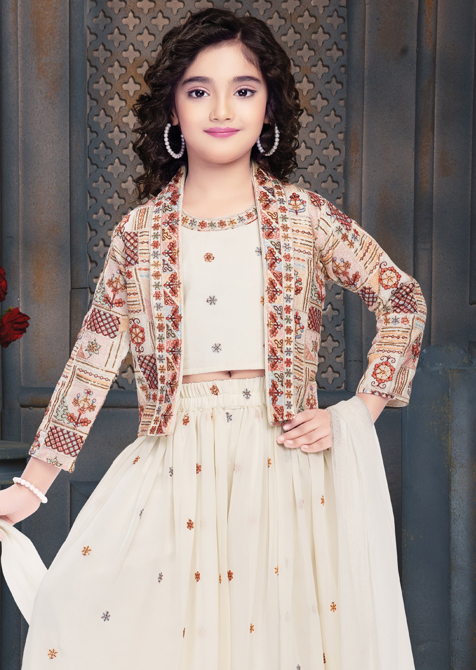 Off White Georgette Sharara Set for Kids with Jacket