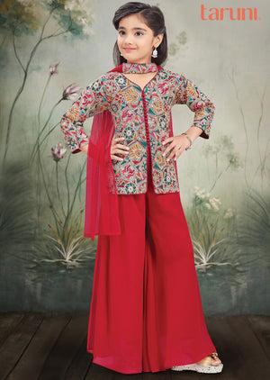 Maroon Georgette Sharara Set for Kids with Multicolour Blouse