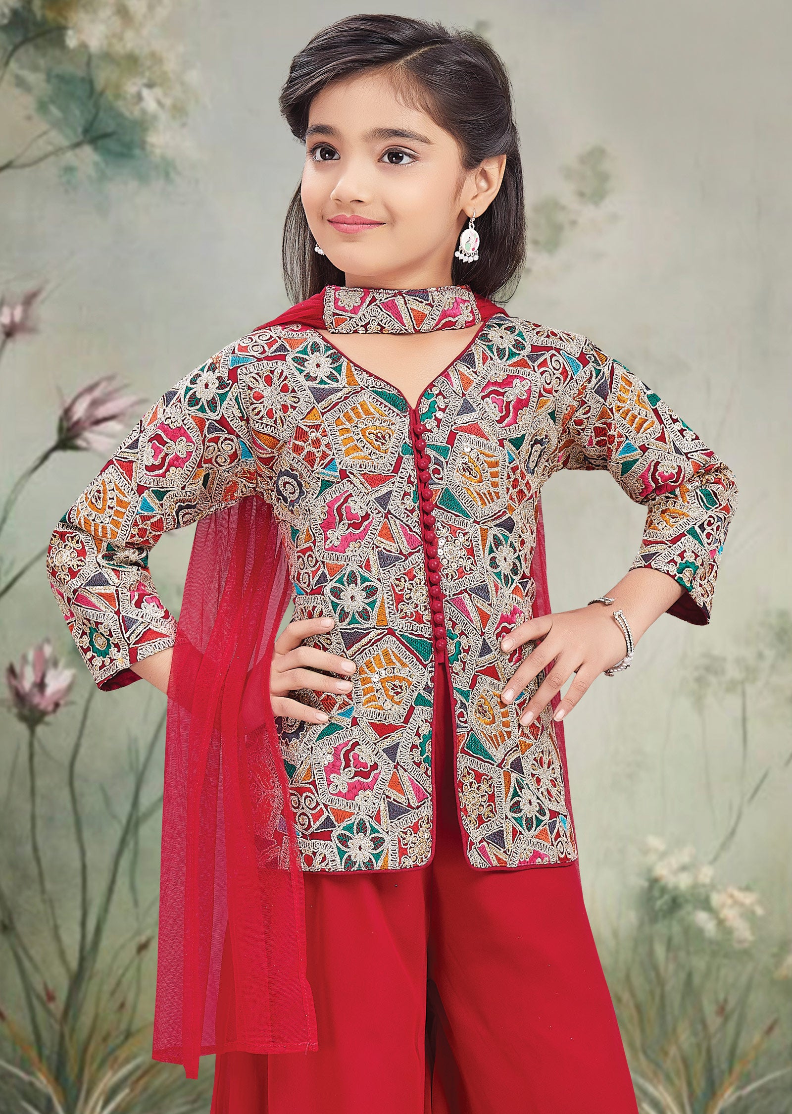 Maroon Georgette Sharara Set for Kids with Multicolour Blouse