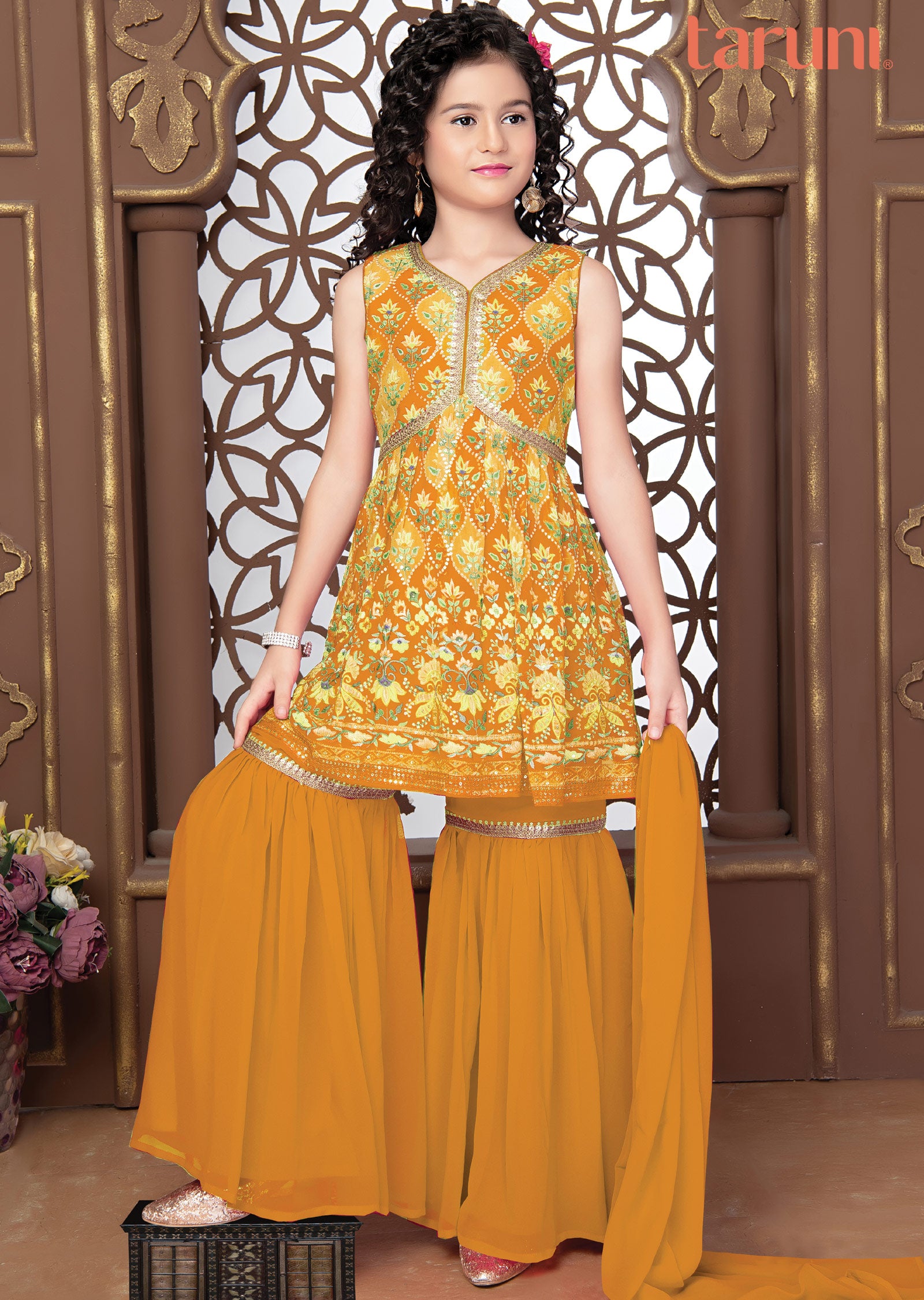 Mustard Georgette Kids Shararas Ghararas