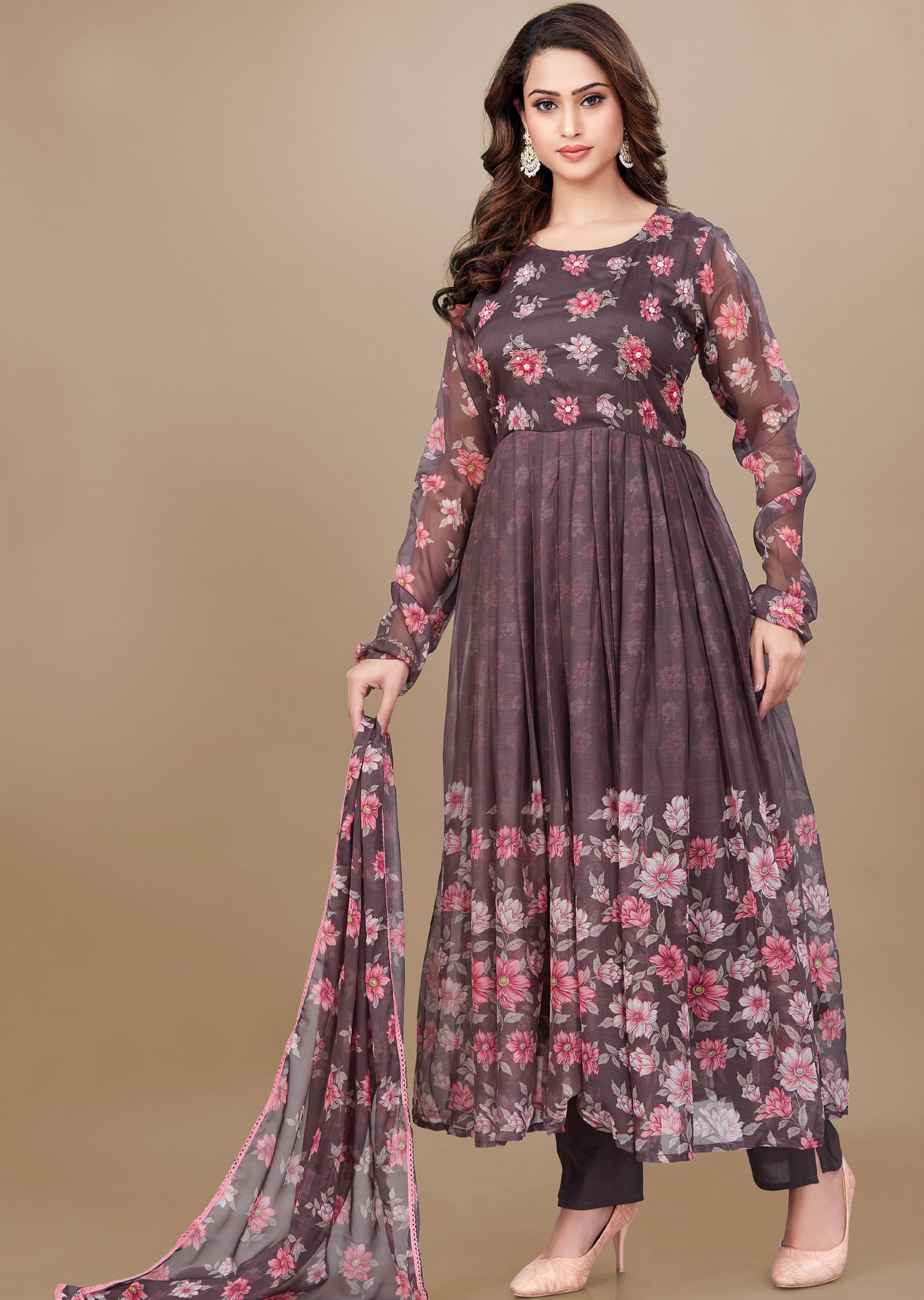 Brown Chiffon Anarkali