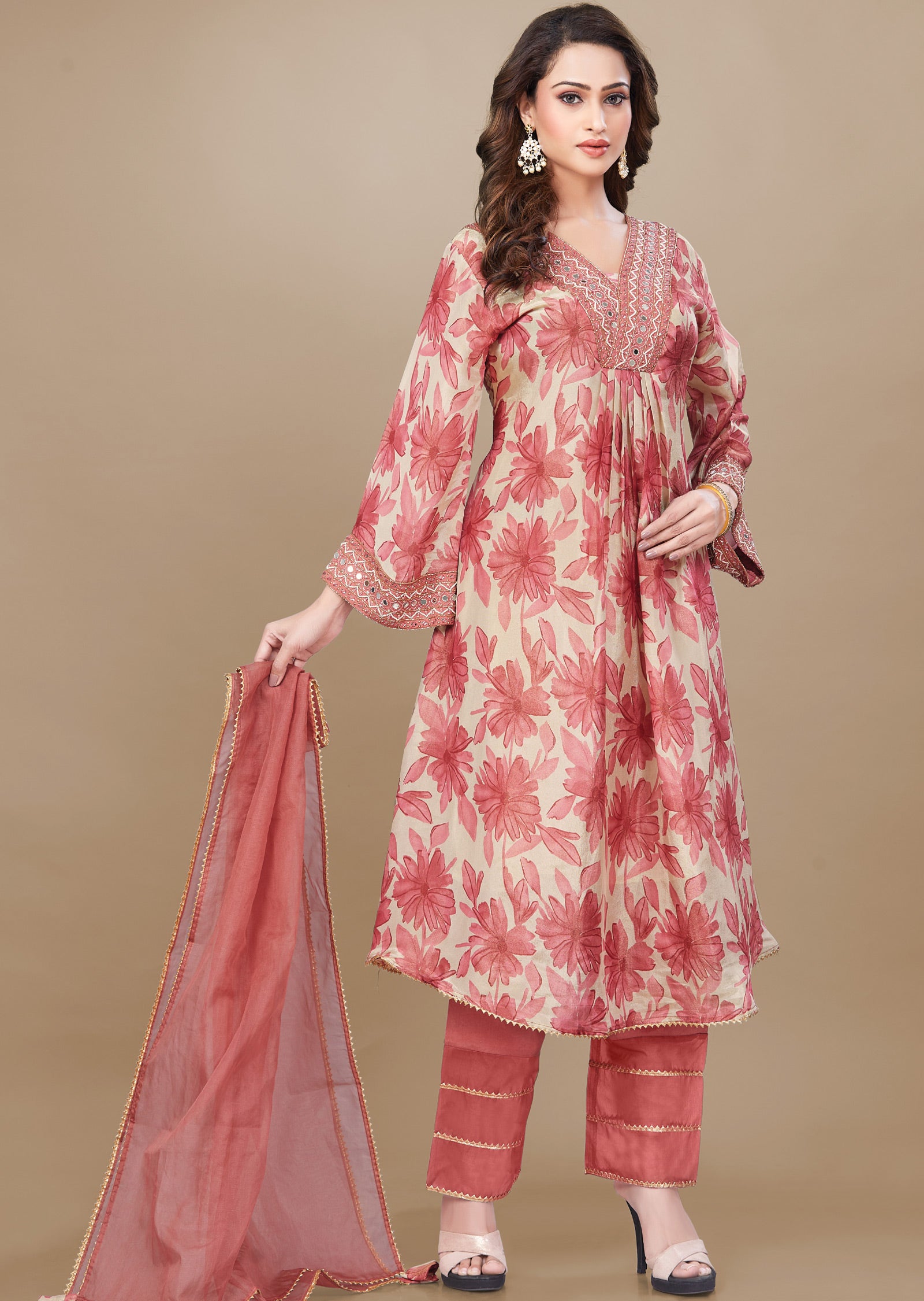 Onion Pink & Beige Tissue Silk Anarkali