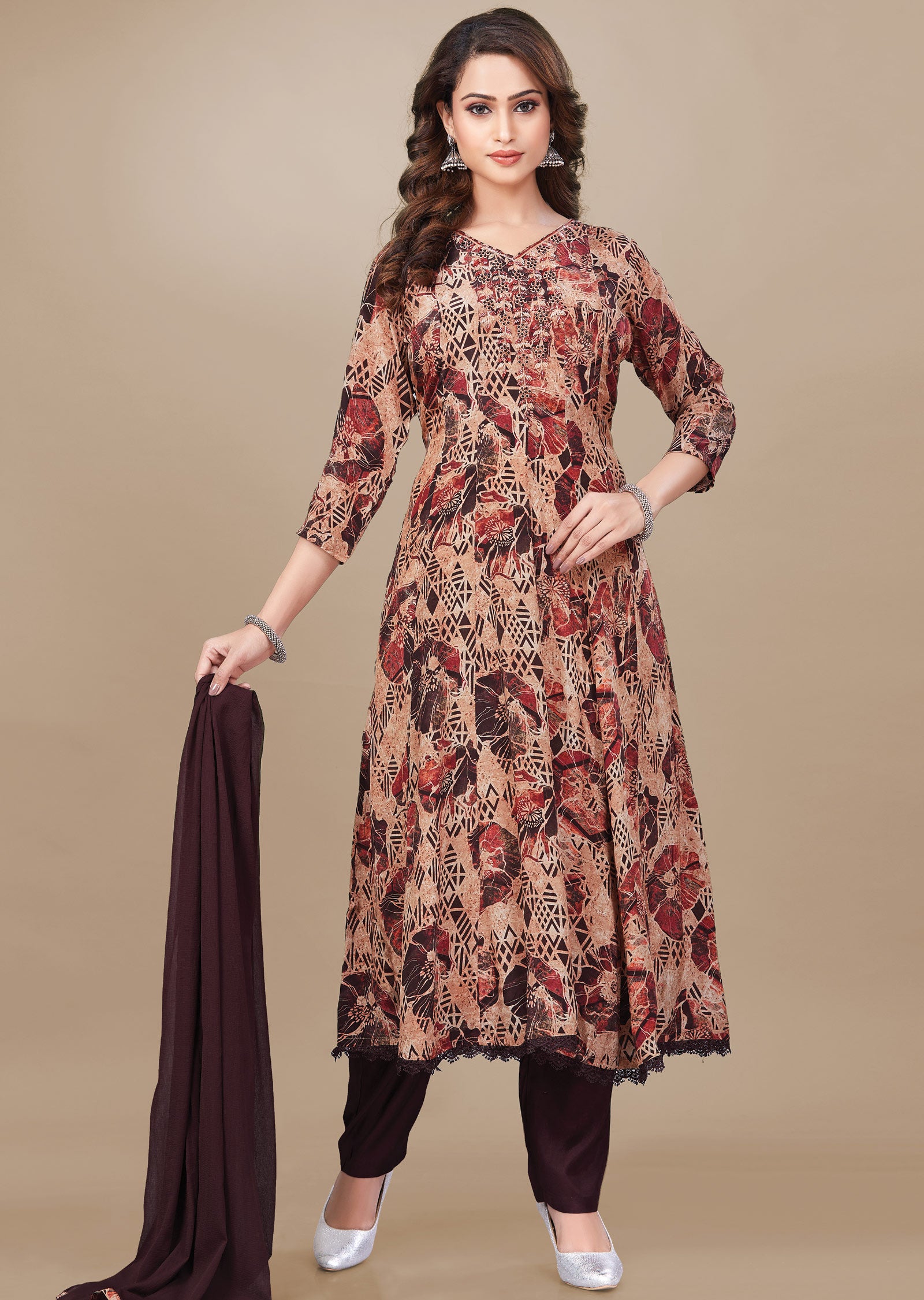 Peach & Brown Crepe Anarkali