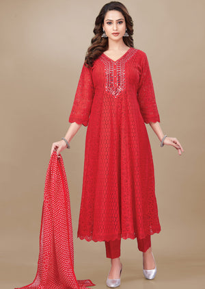 Red Crosia Net Anarkali